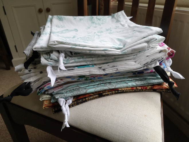 Stack of finished drawstring bags